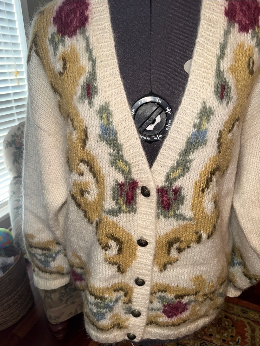 Vintage Express Cream Floral Scroll Button-Up Cardigan with Mustard & Berry